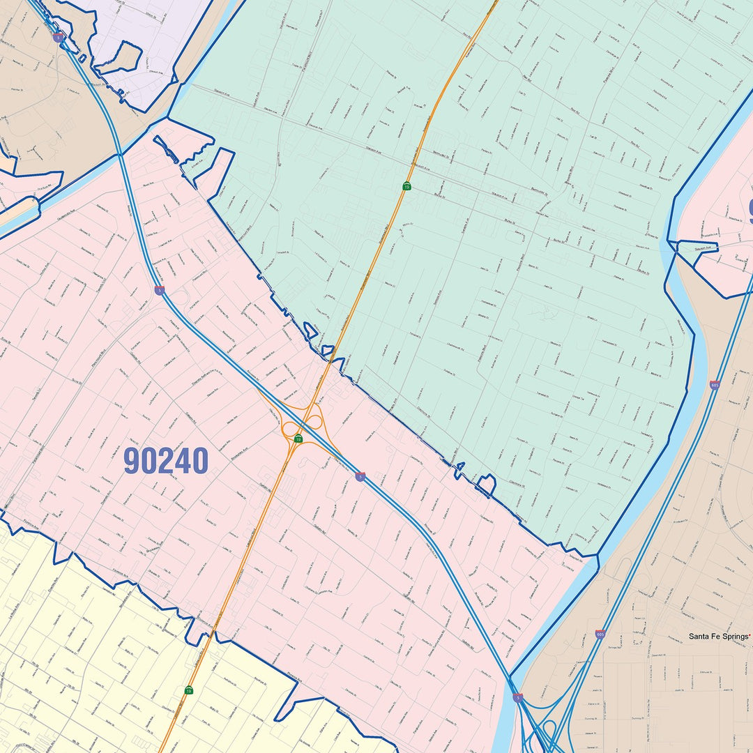 Color Cast Zip Code Style Wall Map of Downey, CA – American Map Store