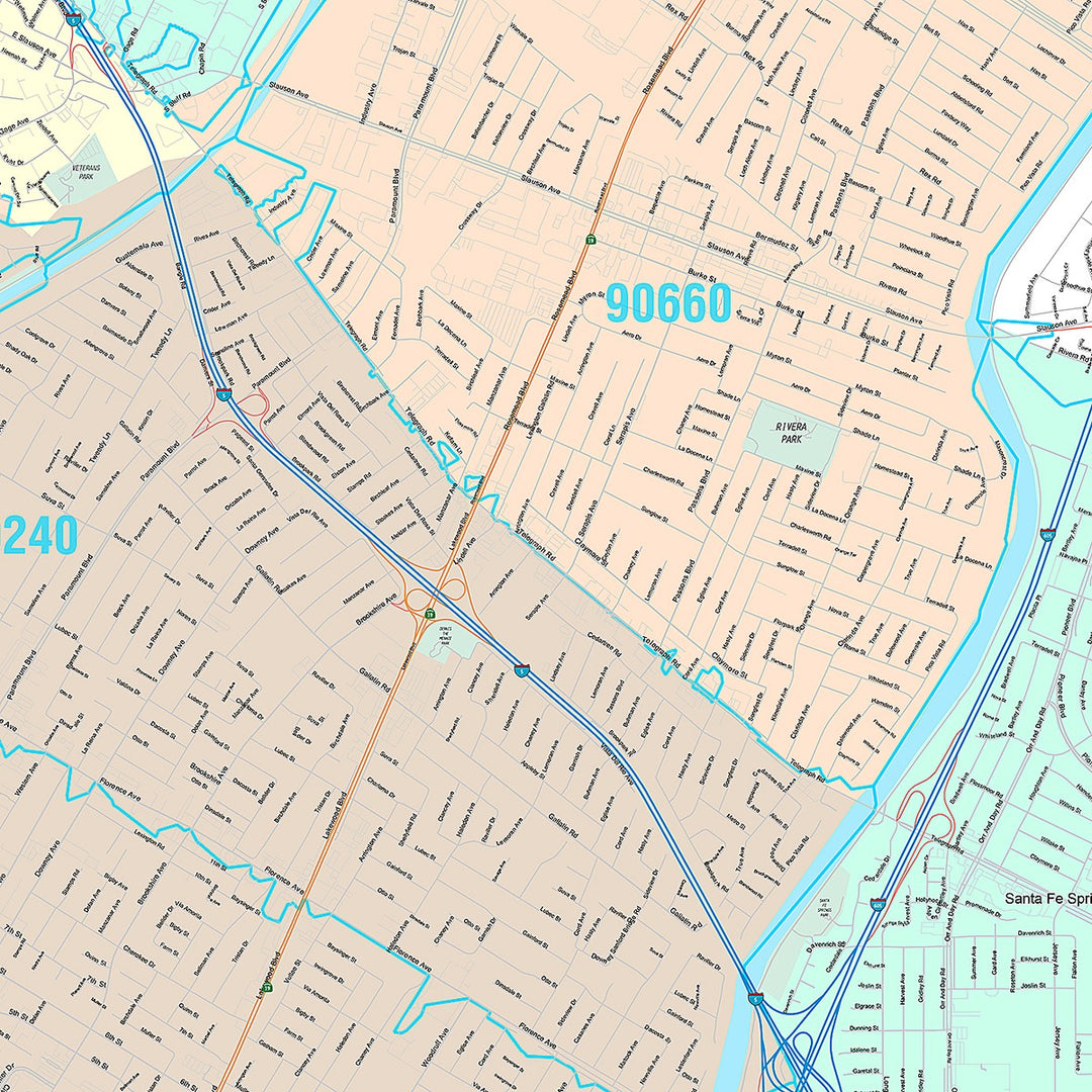 Premium Style Wall Map of Downey, CA