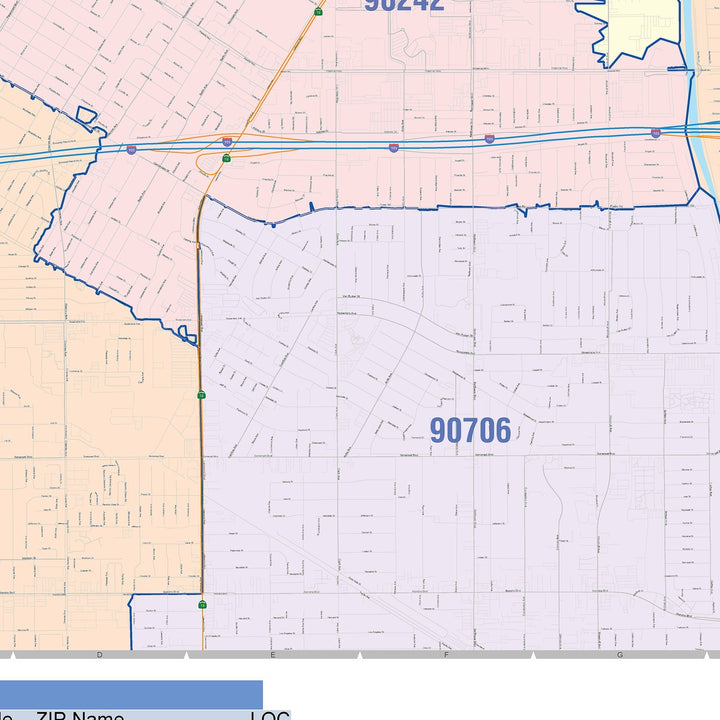 Color Cast Zip Code Style Wall Map of Downey, CA