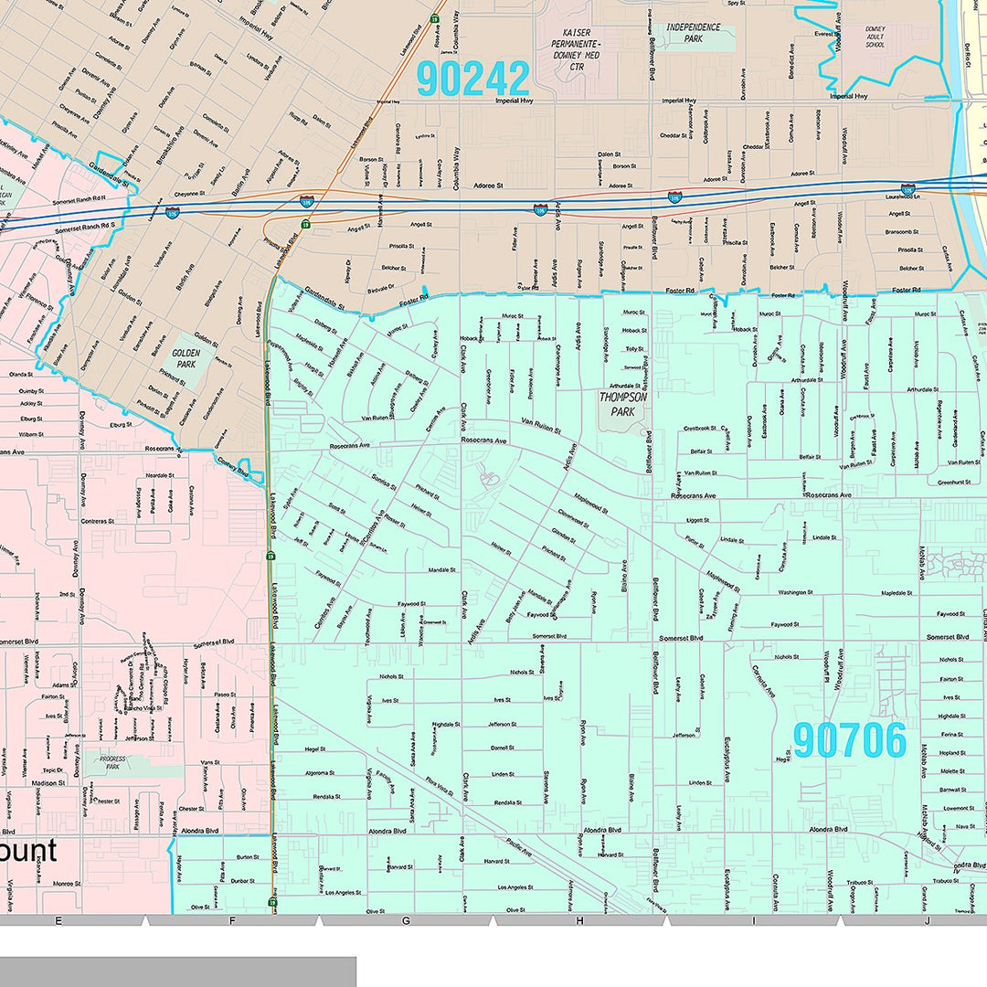 Premium Style Wall Map of Downey, CA