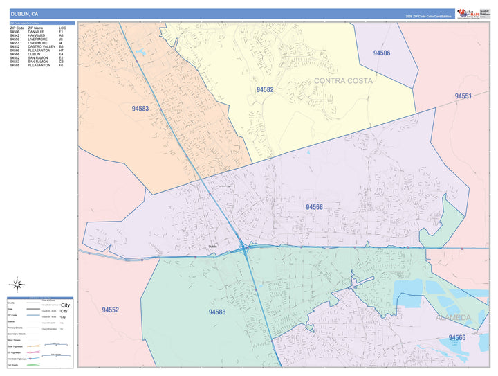 Color Cast Zip Code Style Wall Map of Dublin, CA