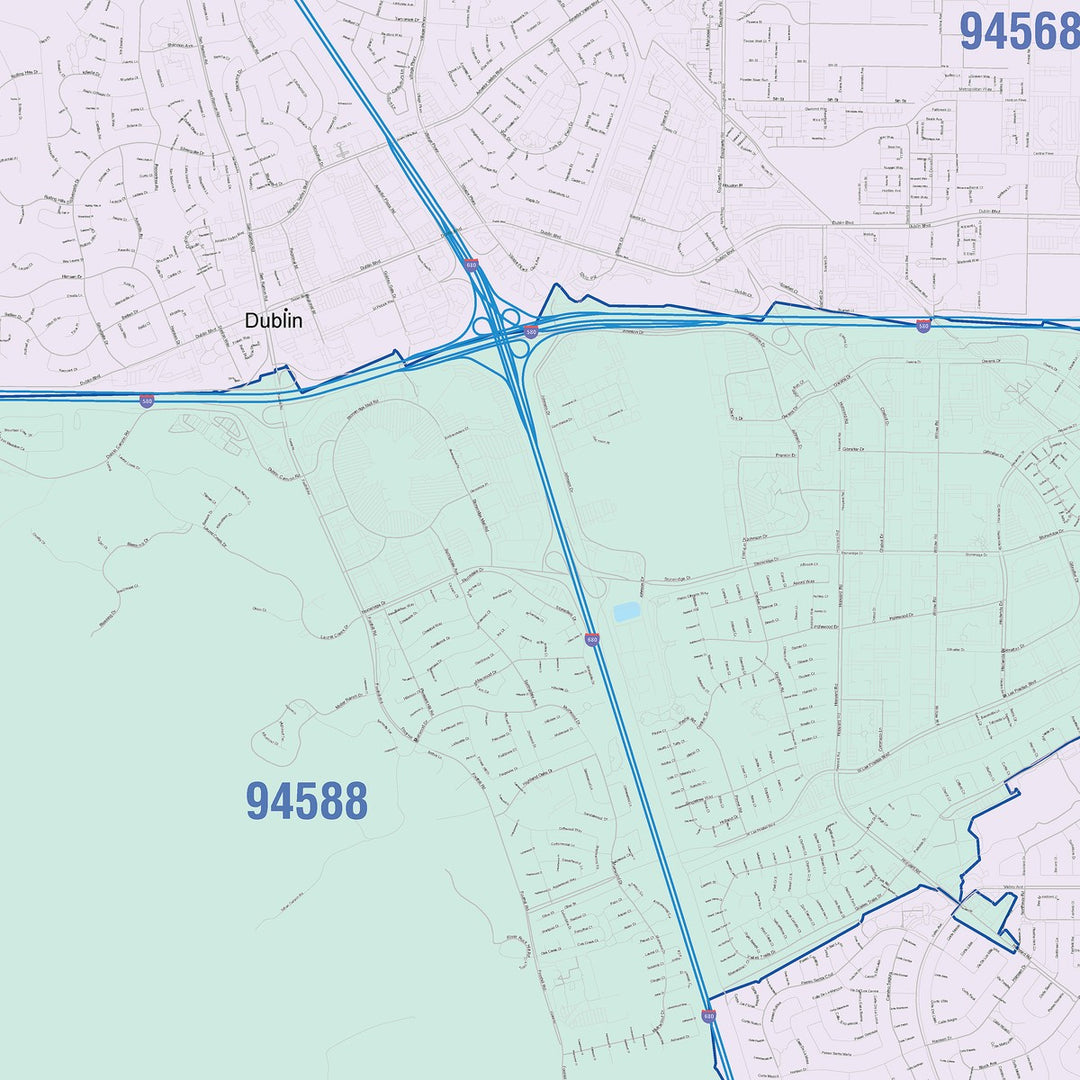 Color Cast Zip Code Style Wall Map of Dublin, CA