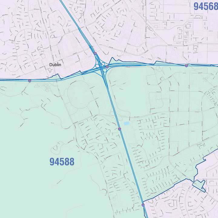 Color Cast Zip Code Style Wall Map of Dublin, CA