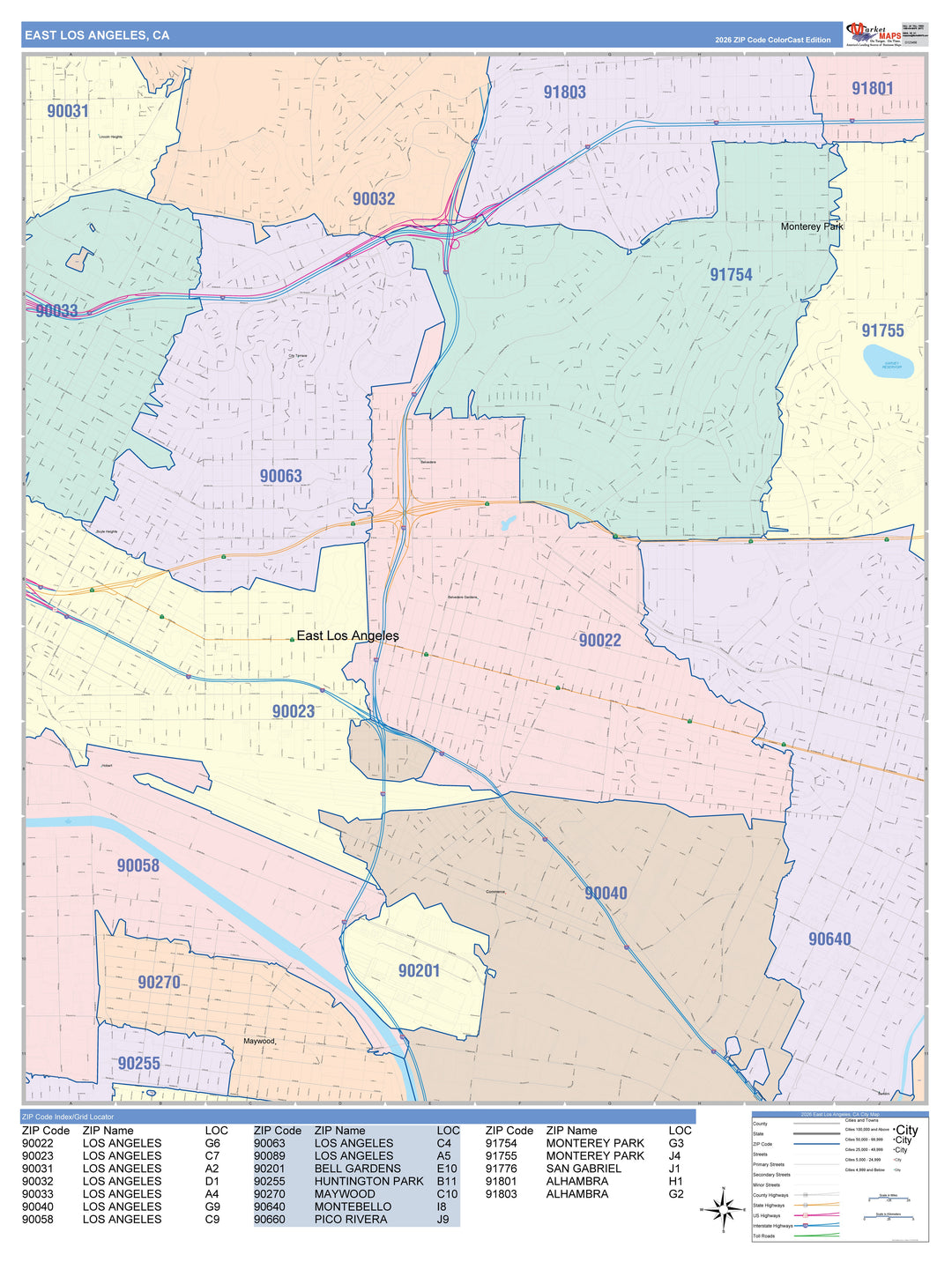 Color Cast Zip Code Style Wall Map of East Los Angeles, CA