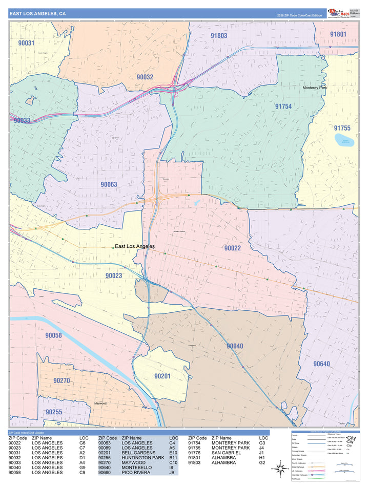 Color Cast Zip Code Style Wall Map of East Los Angeles, CA