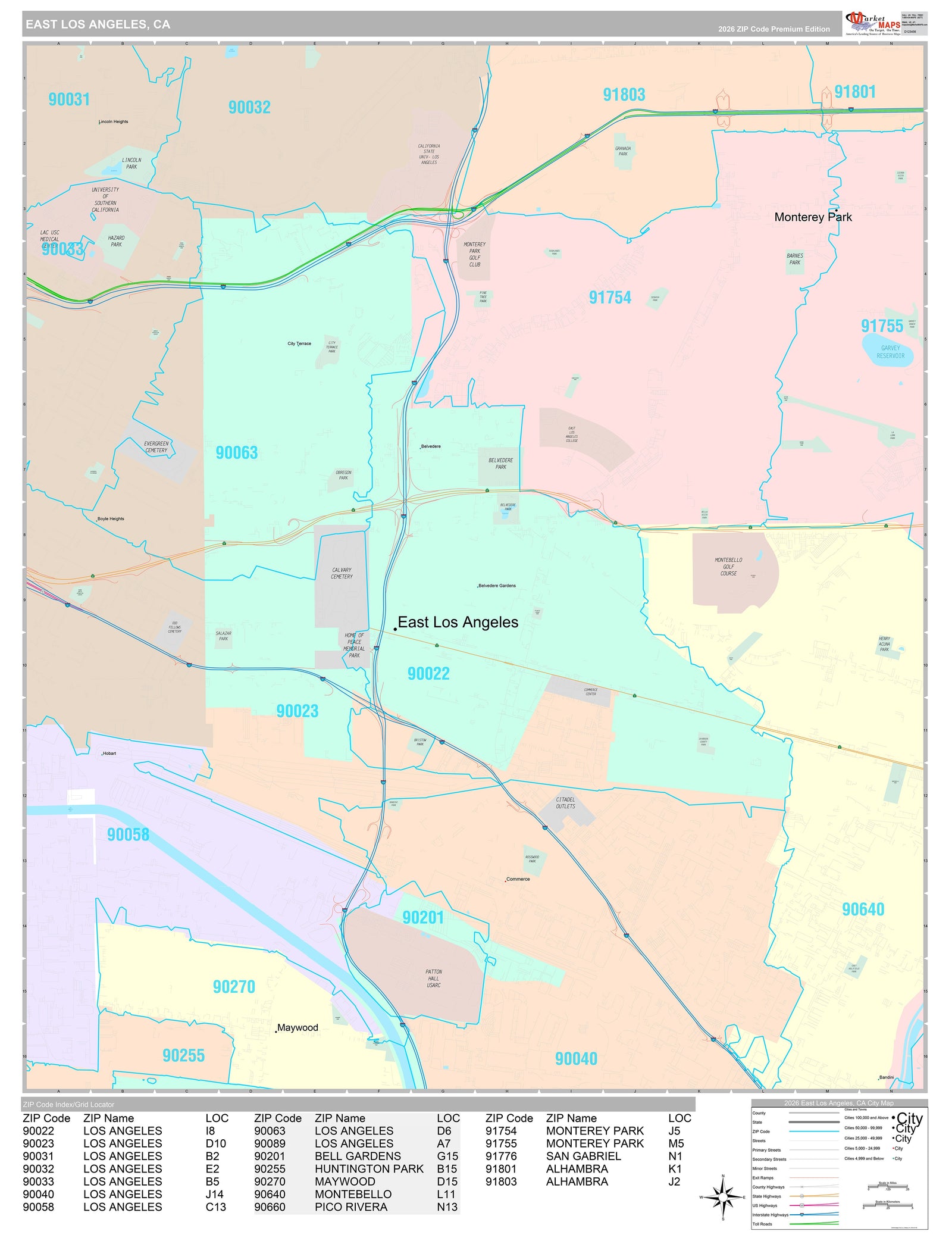 Premium Style Wall Map of East Los Angeles, CA