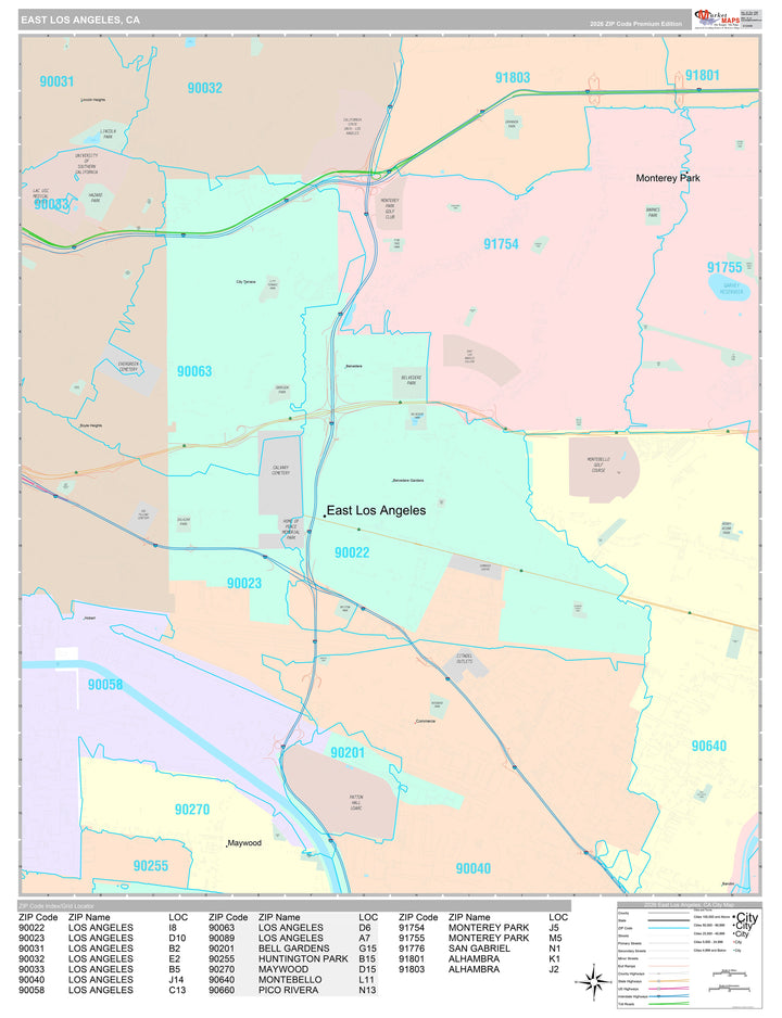Premium Style Wall Map of East Los Angeles, CA
