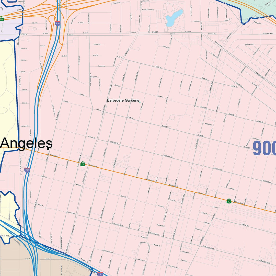 Color Cast Zip Code Style Wall Map of East Los Angeles, CA