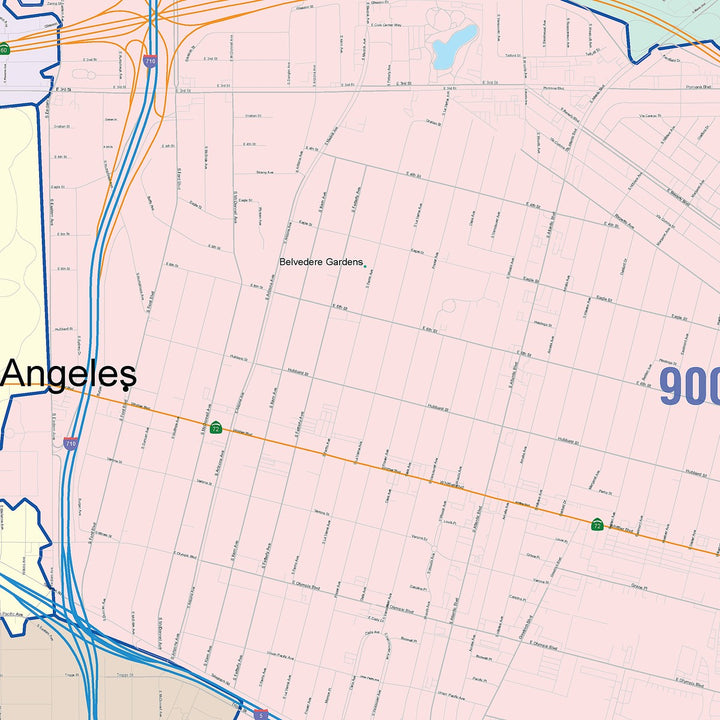 Color Cast Zip Code Style Wall Map of East Los Angeles, CA