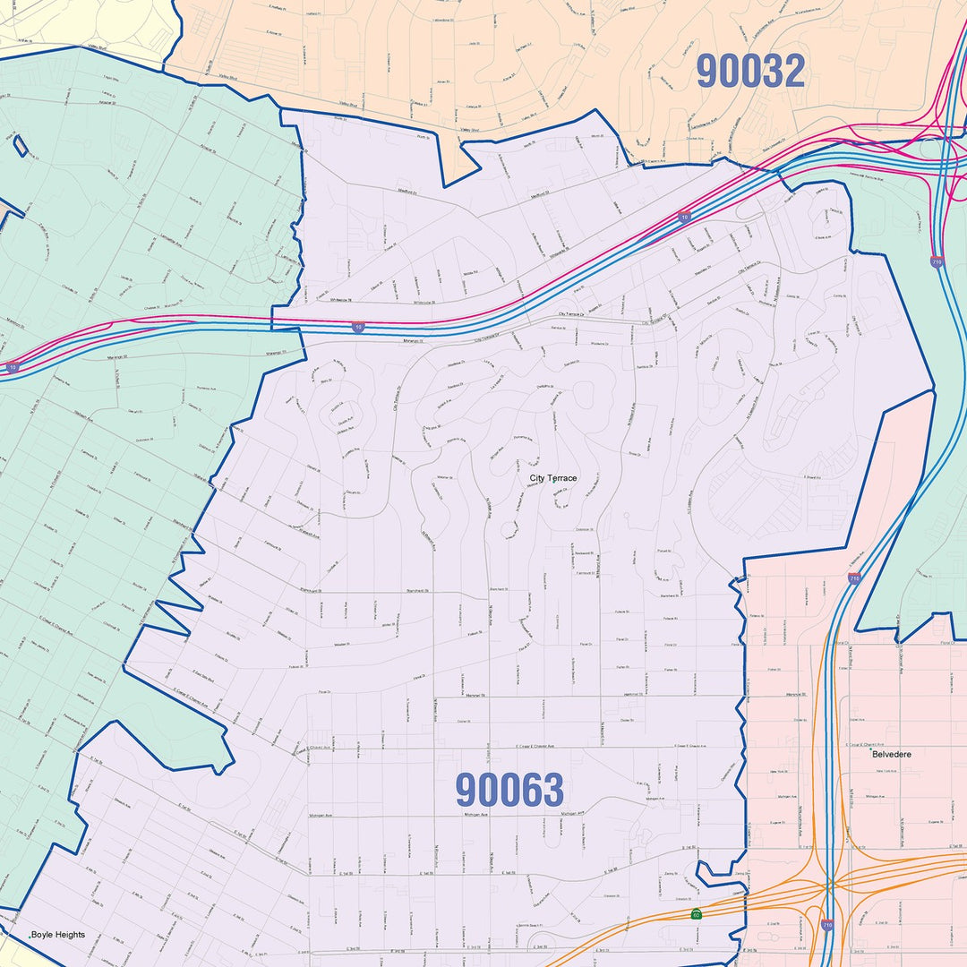 Color Cast Zip Code Style Wall Map of East Los Angeles, CA