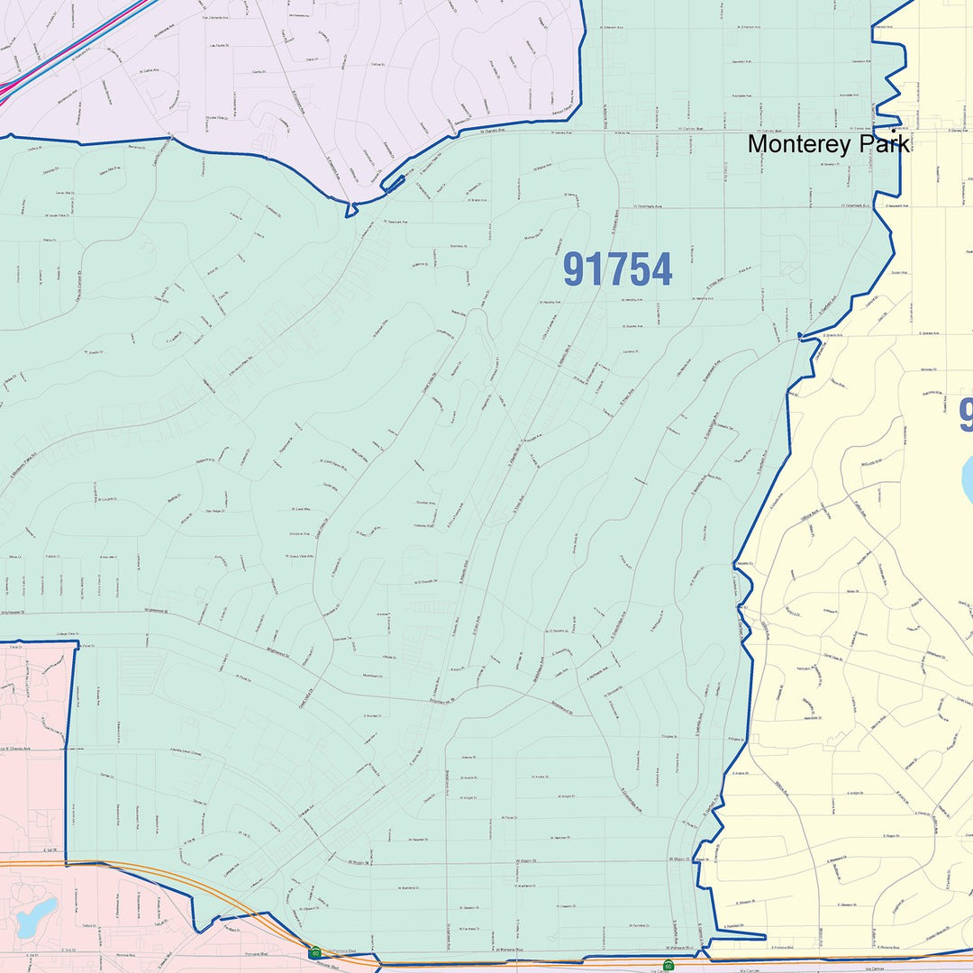 Color Cast Zip Code Style Wall Map of East Los Angeles, CA