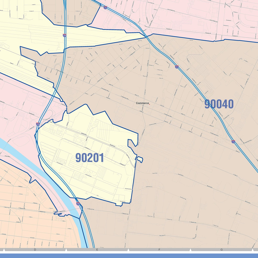 Color Cast Zip Code Style Wall Map of East Los Angeles, CA