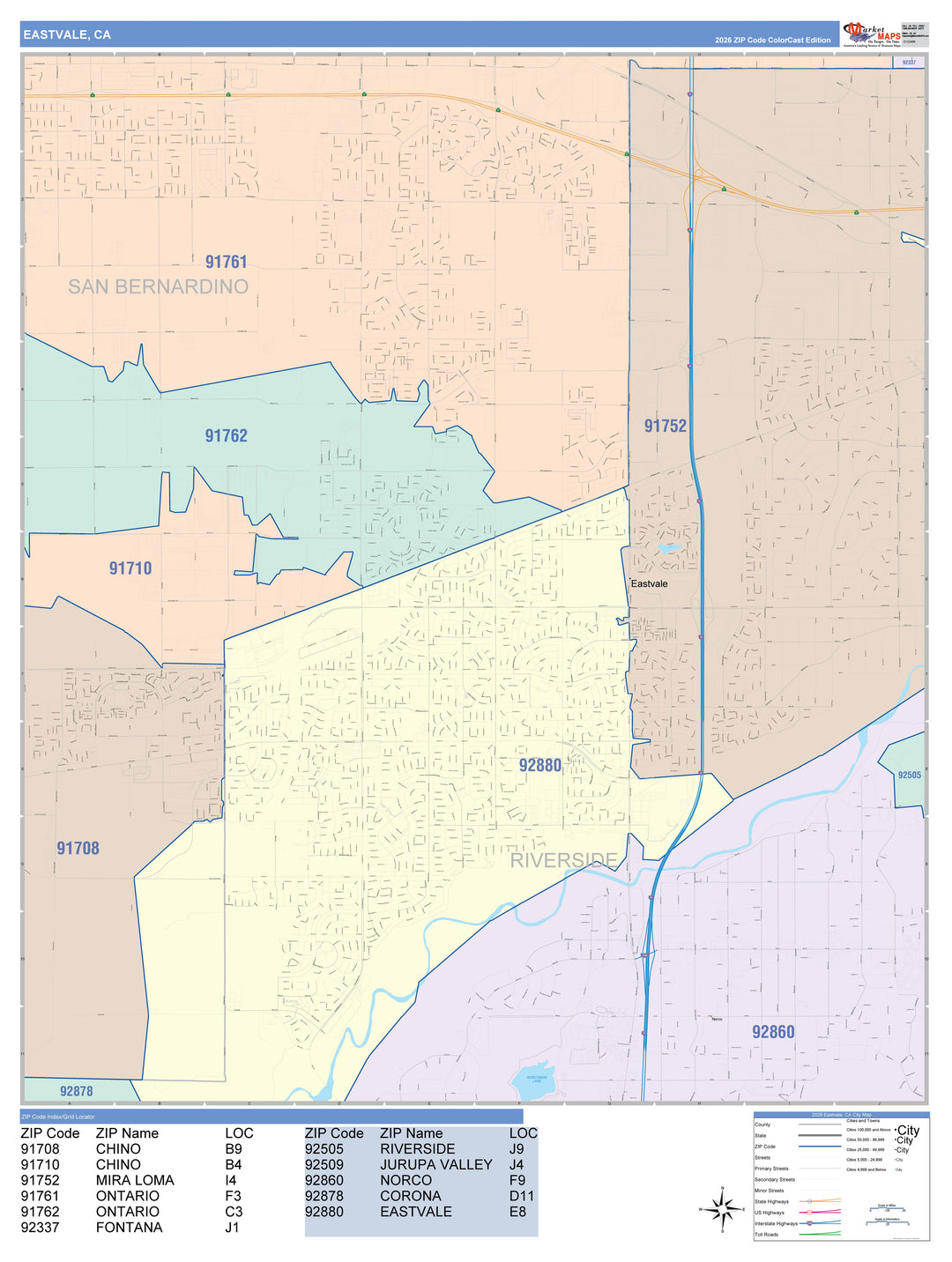 Color Cast Zip Code Style Wall Map of Eastvale, CA