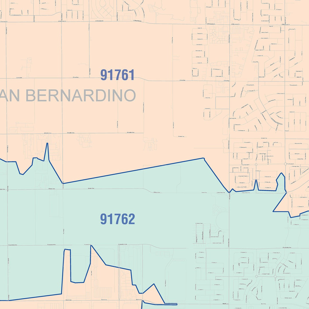 Color Cast Zip Code Style Wall Map of Eastvale, CA