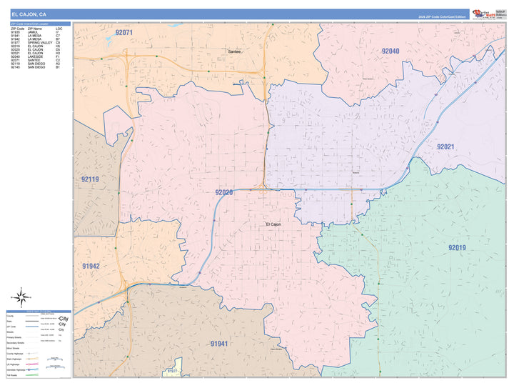 Color Cast Zip Code Style Wall Map of El Cajon, CA