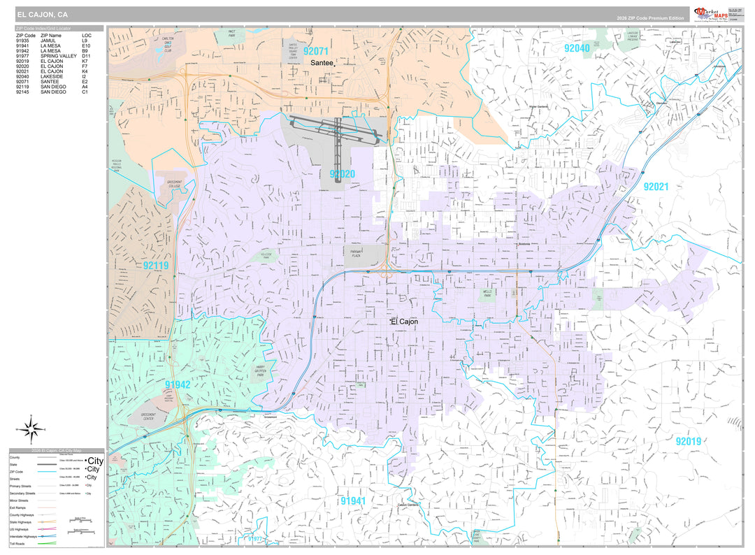 Premium Style Wall Map of El Cajon, CA