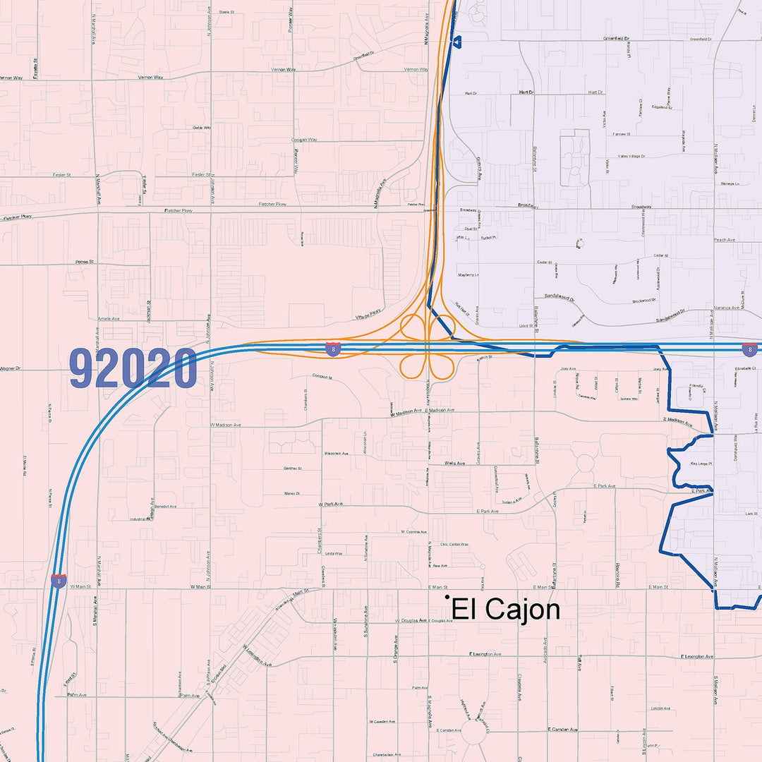 Color Cast Zip Code Style Wall Map of El Cajon, CA