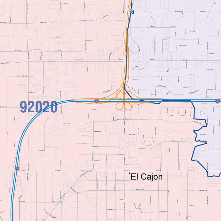 Color Cast Zip Code Style Wall Map of El Cajon, CA