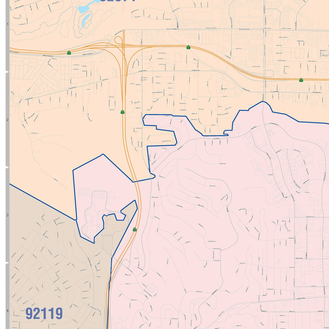 Color Cast Zip Code Style Wall Map of El Cajon, CA