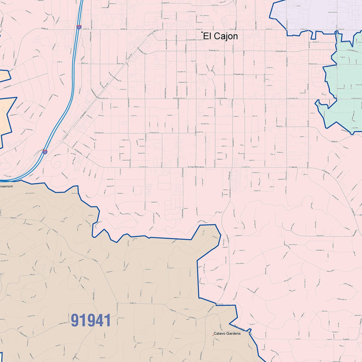 Color Cast Zip Code Style Wall Map of El Cajon, CA