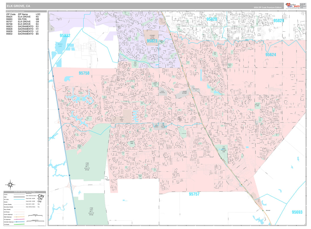 Premium Style Wall Map of Elk Grove CA