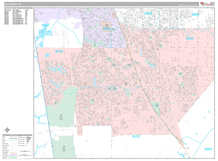 Premium Style Wall Map of Elk Grove CA