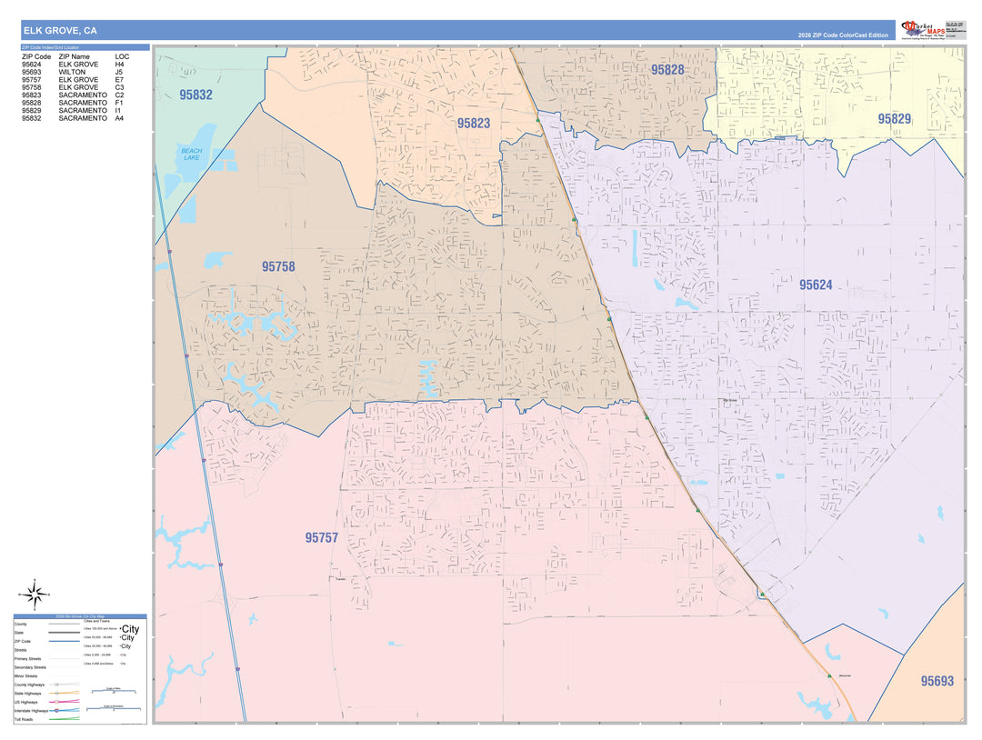 Color Cast Zip Code Style Wall Map of Elk Grove, CA