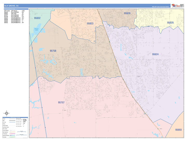 Color Cast Zip Code Style Wall Map of Elk Grove, CA