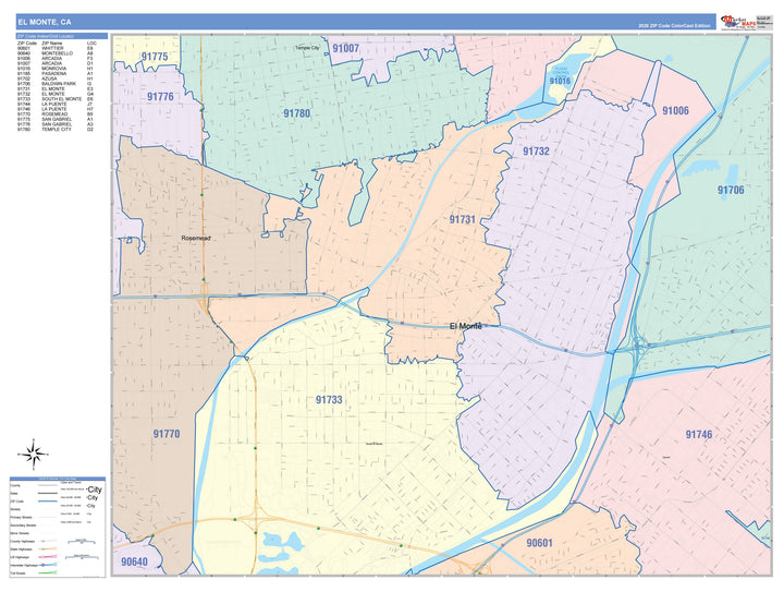 Color Cast Zip Code Style Wall Map of El Monte, CA