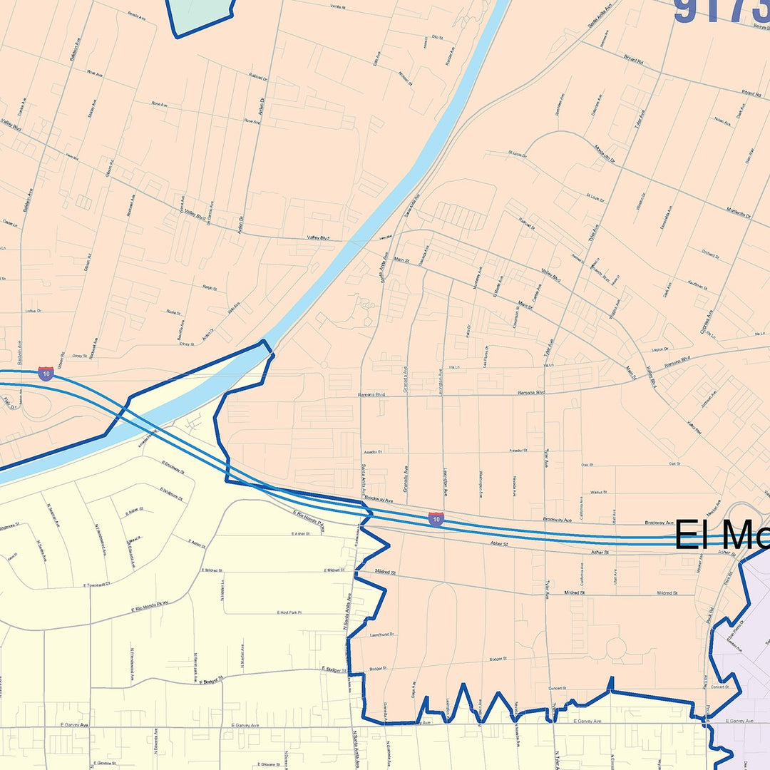 Color Cast Zip Code Style Wall Map of El Monte, CA