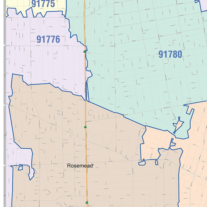Color Cast Zip Code Style Wall Map of El Monte, CA