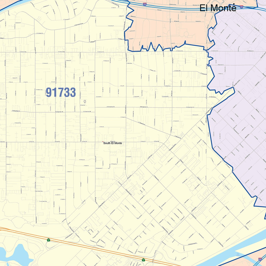 Color Cast Zip Code Style Wall Map of El Monte, CA