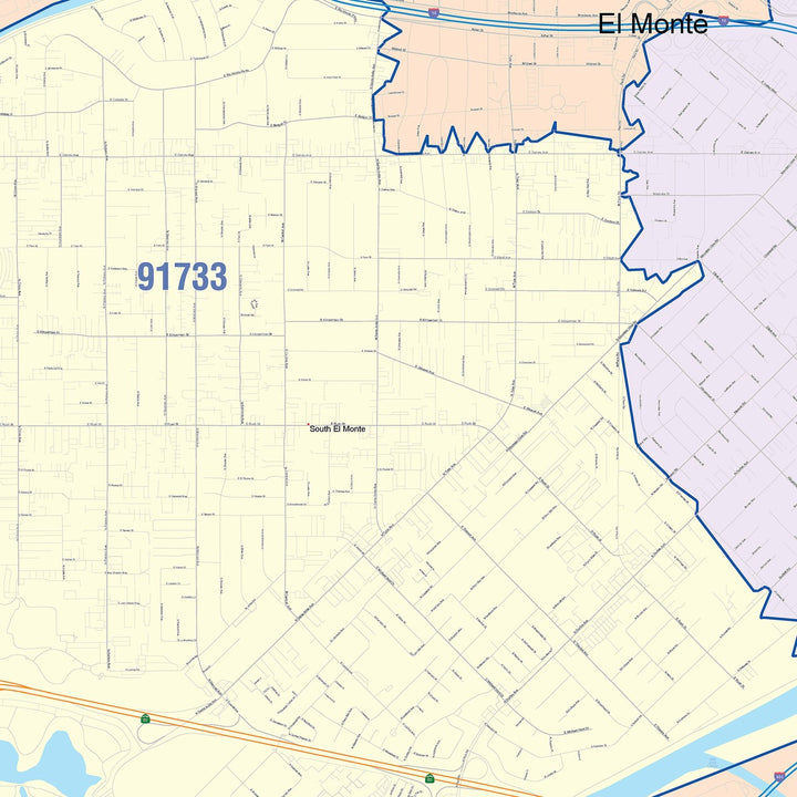 Color Cast Zip Code Style Wall Map of El Monte, CA