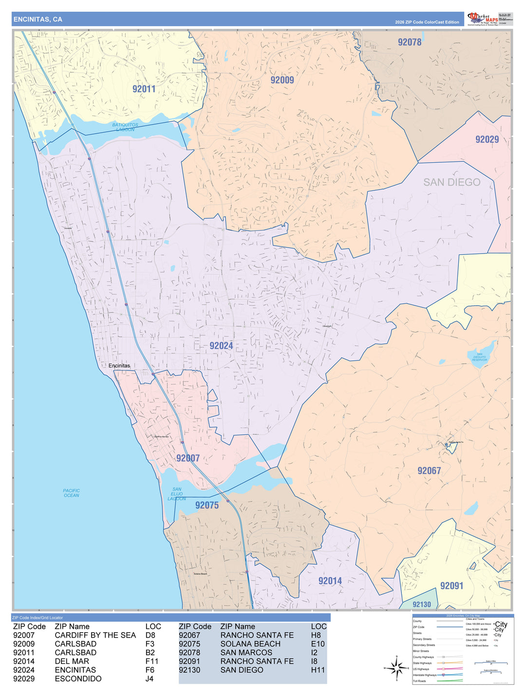 Color Cast Zip Code Style Wall Map of Encinitas, CA