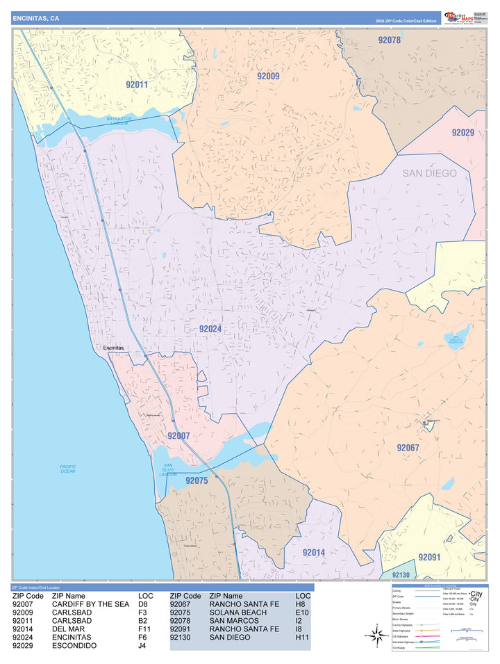 Color Cast Zip Code Style Wall Map of Encinitas, CA