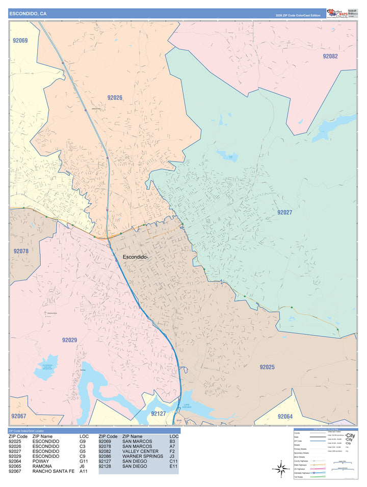 Color Cast Zip Code Style Wall Map of Escondido, CA