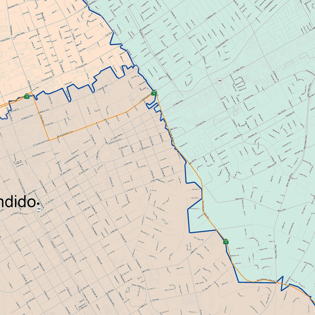 Color Cast Zip Code Style Wall Map of Escondido, CA