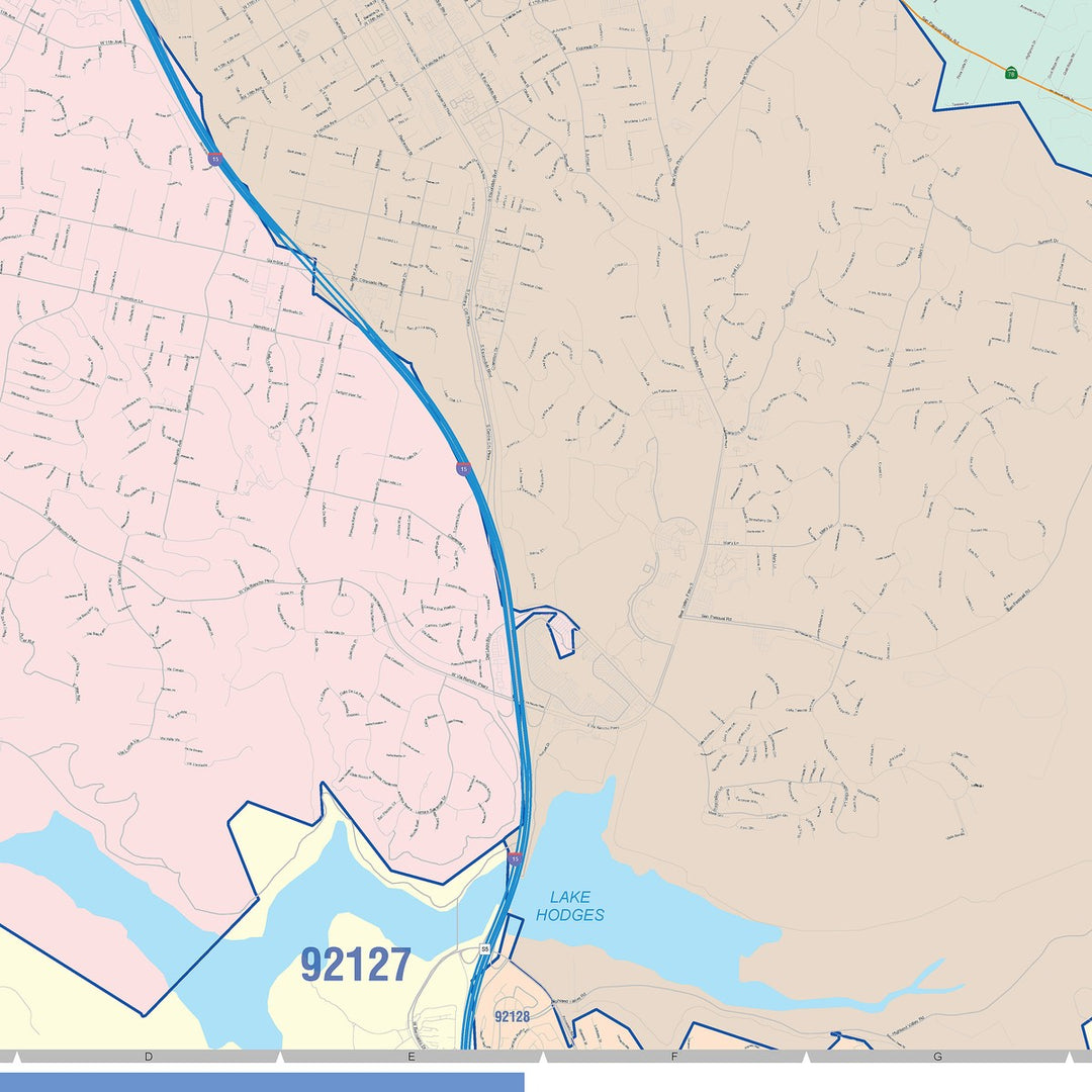 Color Cast Zip Code Style Wall Map of Escondido, CA