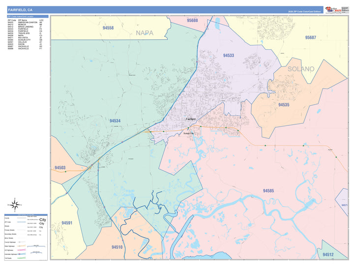 Color Cast Zip Code Style Wall Map of Fairfield, CA