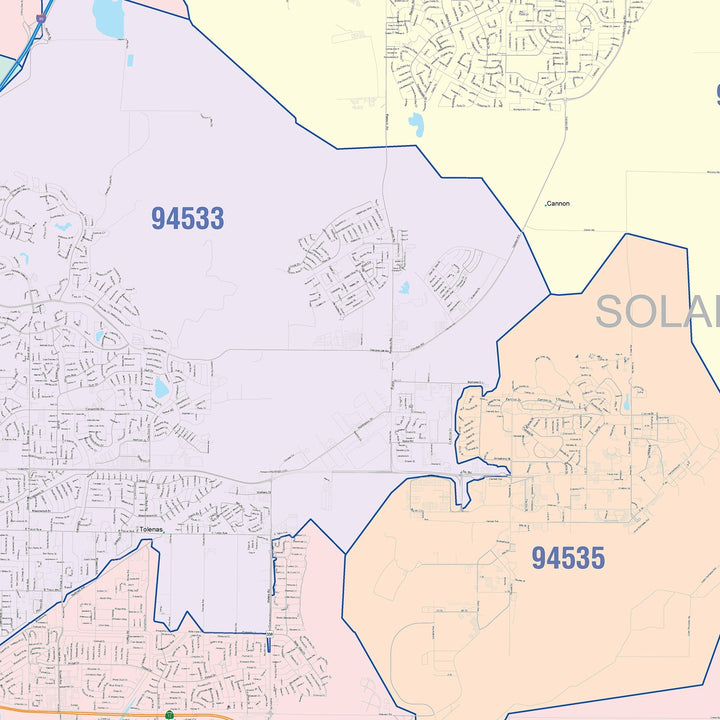 Color Cast Zip Code Style Wall Map of Fairfield, CA