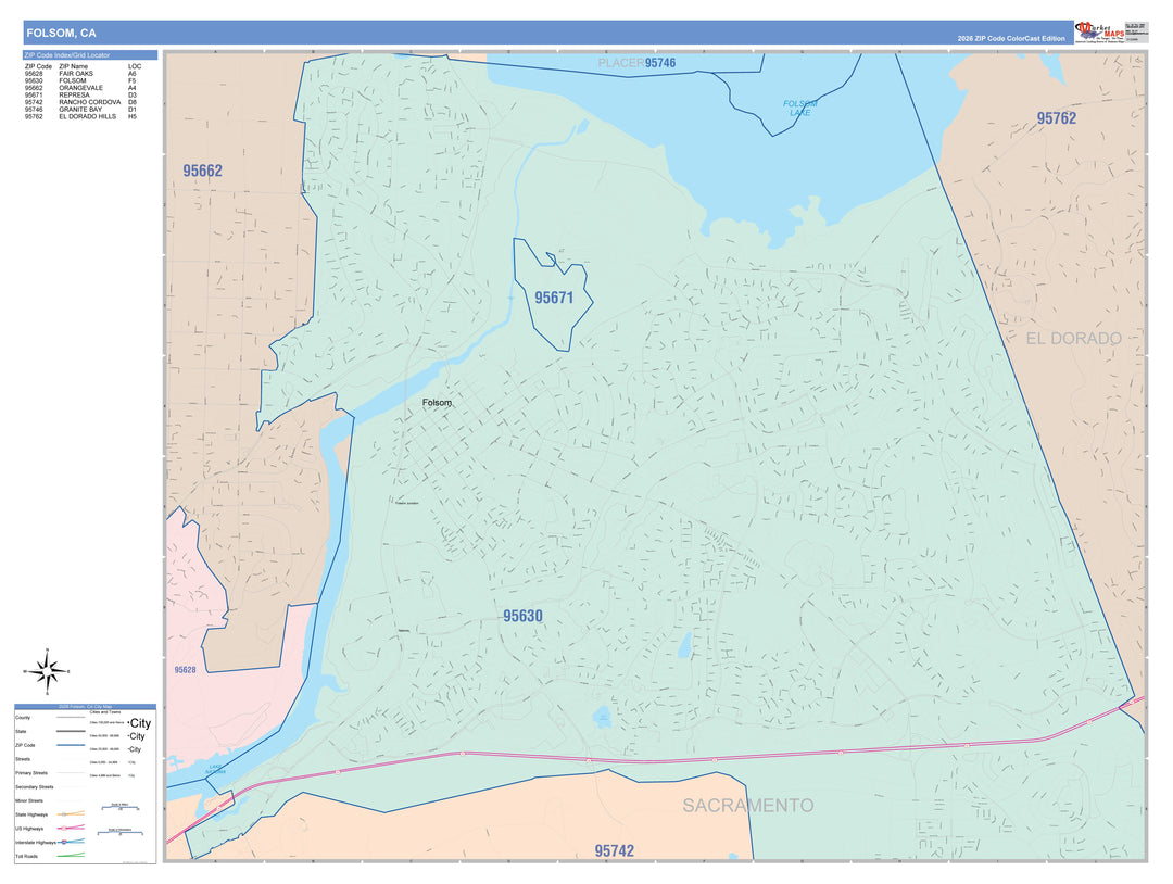 Color Cast Zip Code Style Wall Map of Folsom, CA