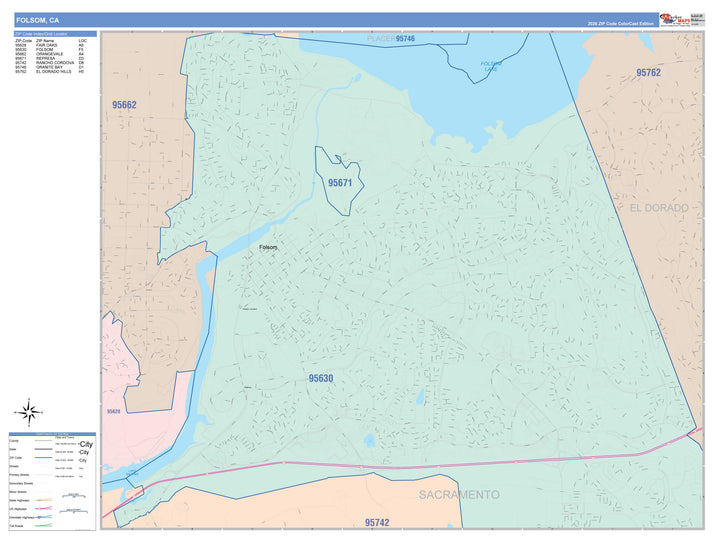 Color Cast Zip Code Style Wall Map of Folsom, CA
