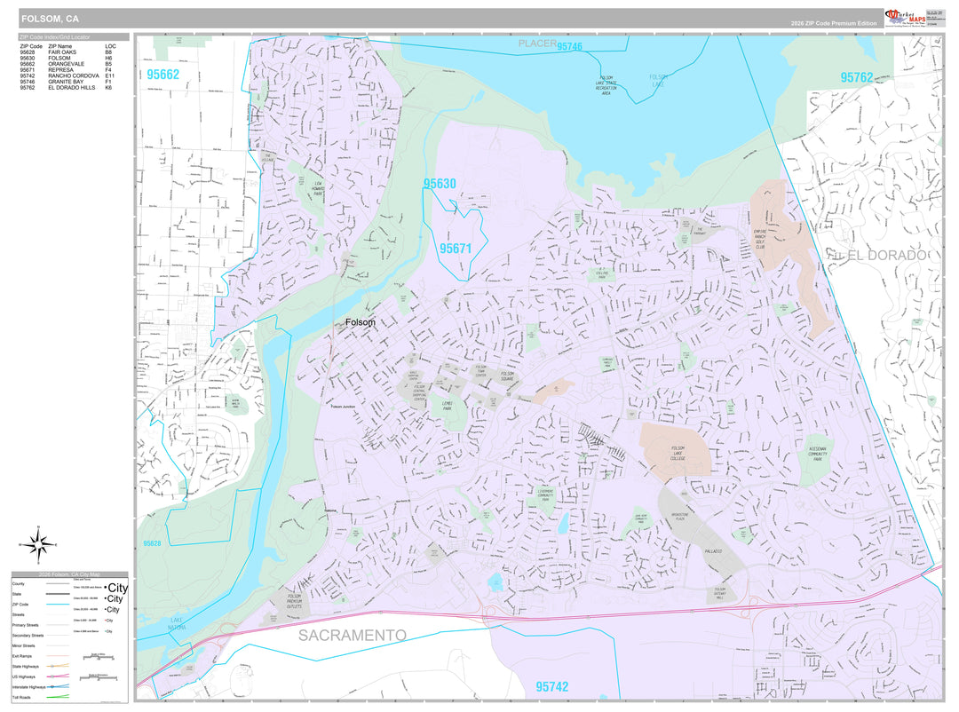 Premium Style Wall Map of Folsom, CA