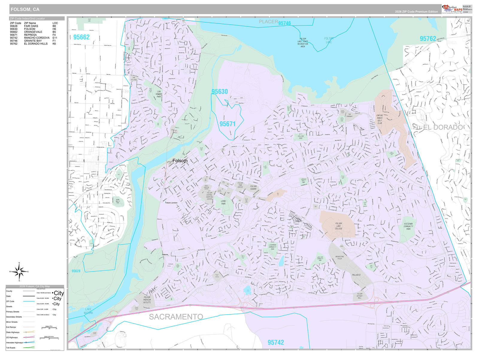Premium Style Wall Map of Folsom, CA