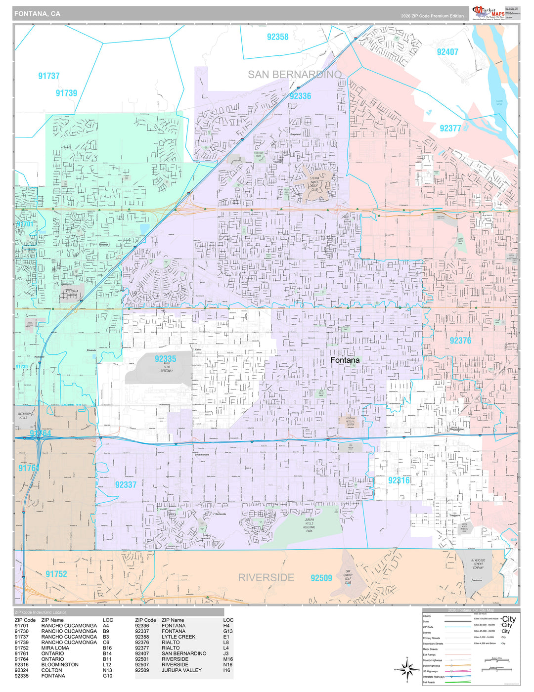 Premium Style Wall Map of Fontana CA