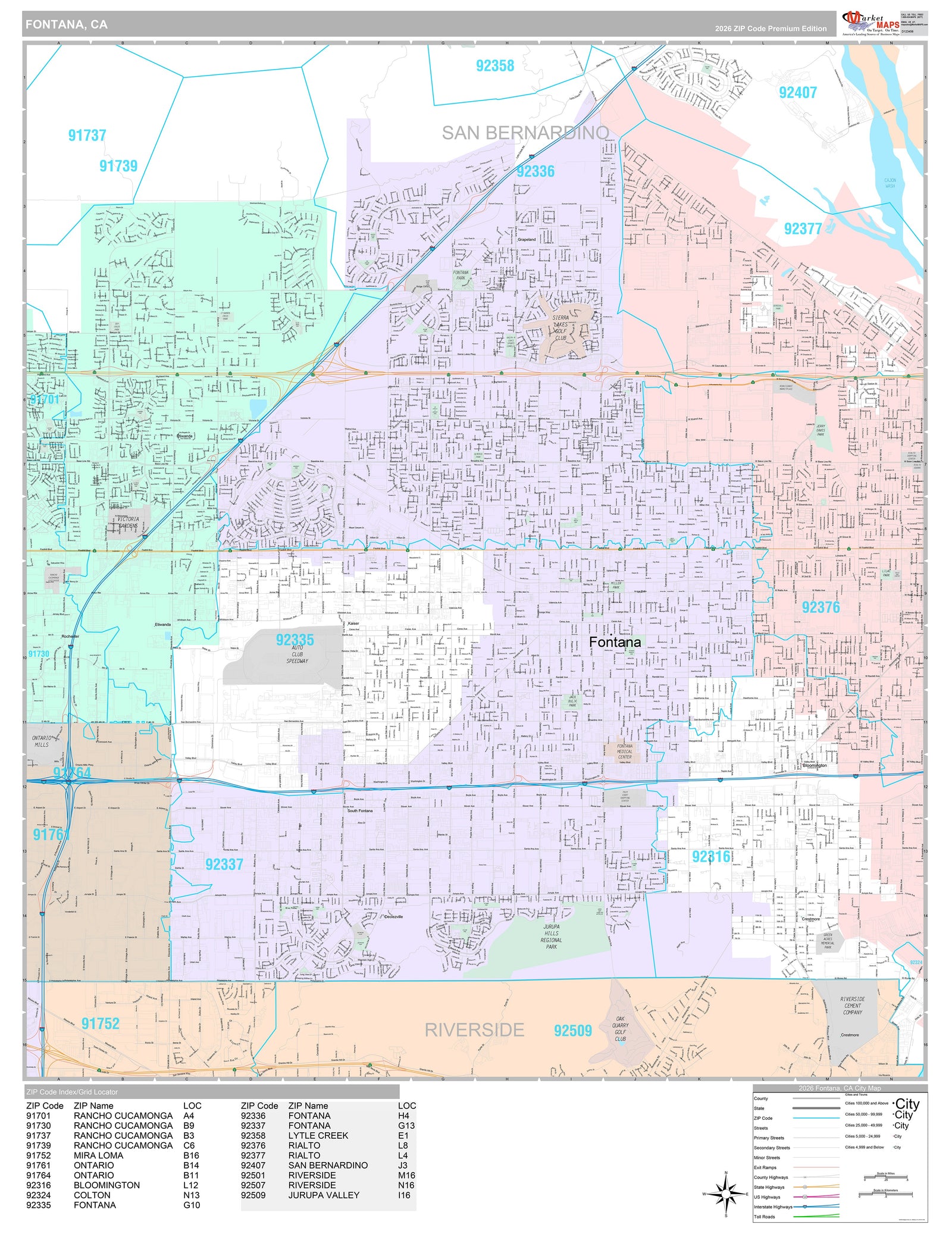 Premium Style Wall Map of Fontana CA
