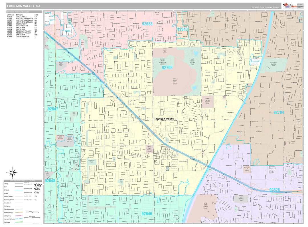 Premium Style Wall Map of Fountain Valley, CA