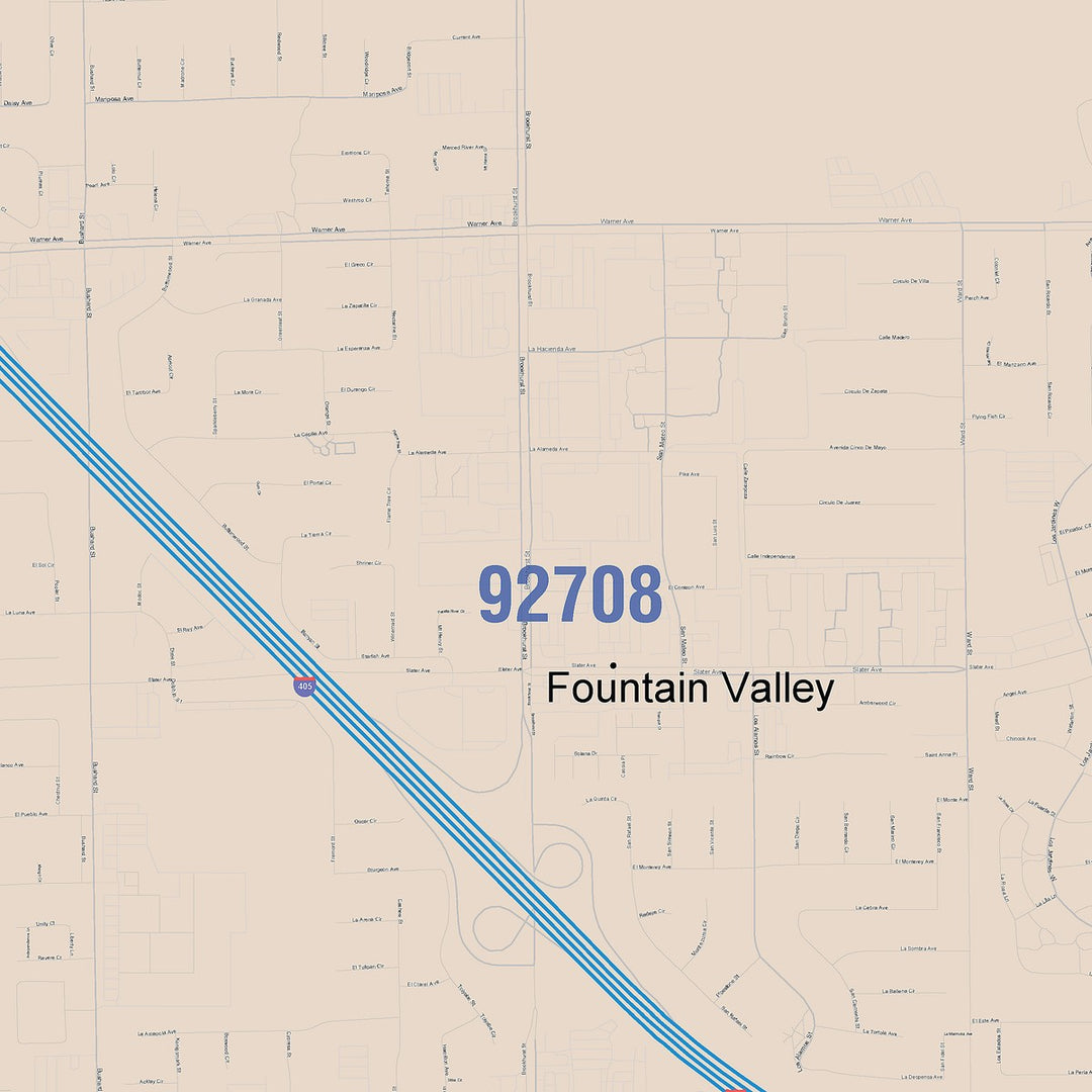 Color Cast Zip Code Style Wall Map of Fountain Valley, CA