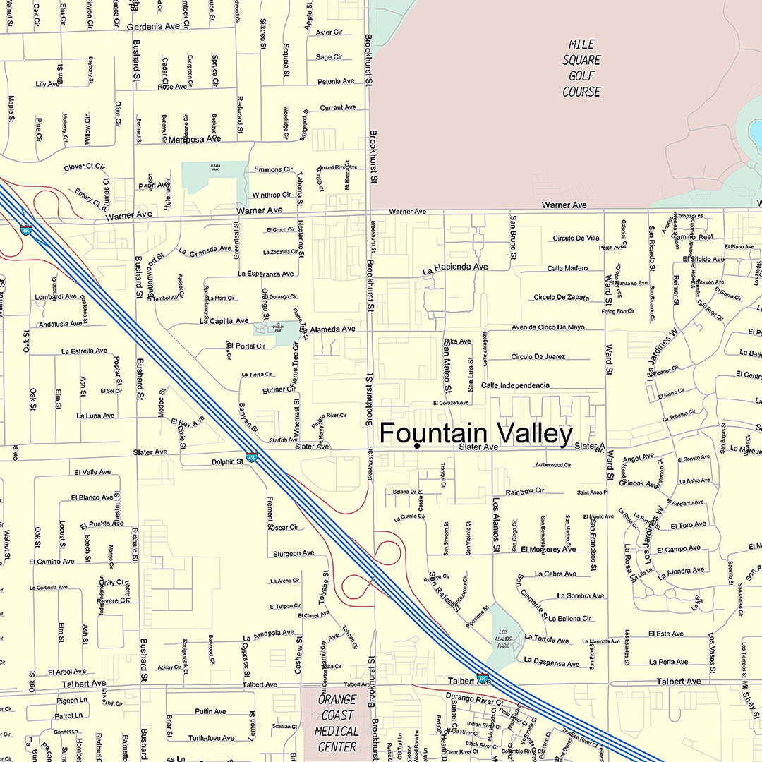 Premium Style Wall Map of Fountain Valley, CA