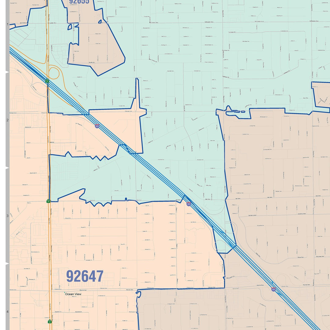 Color Cast Zip Code Style Wall Map of Fountain Valley, CA